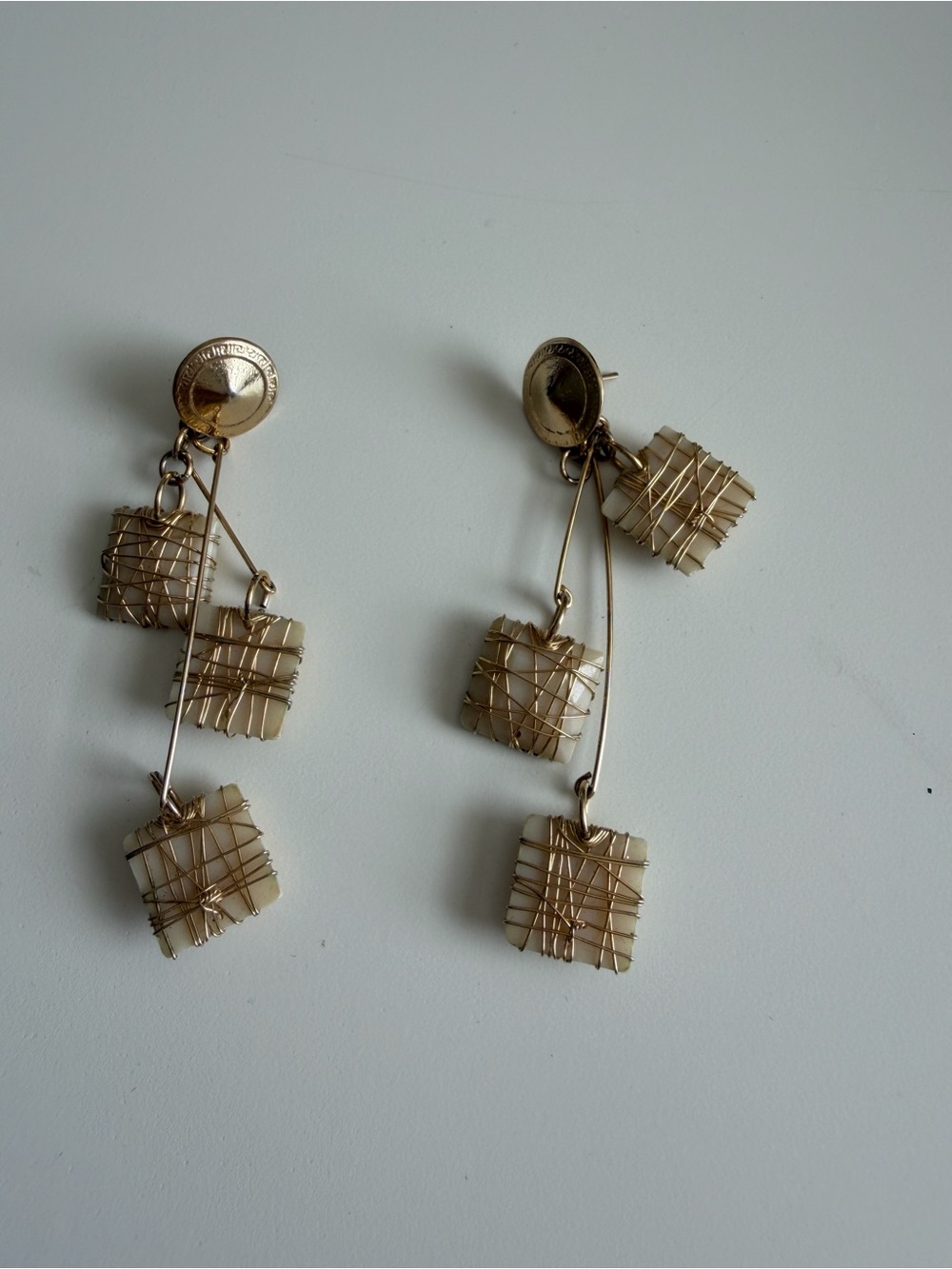 Beige Woven Square Drop Earrings with Gold-Tone Accents